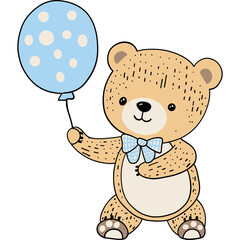 Bear birthday theme, Cute bear holding a blue balloon, designed in a playful, child-friendly style.