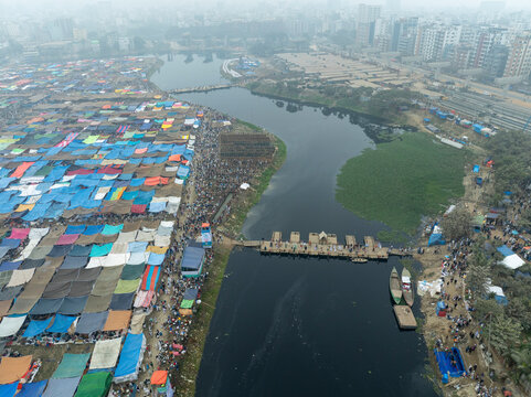 Aerial view of Bishwa Ijtema festival, an annual gathering of Muslims in Tongi, Gazipur, Dhaka, Bangladesh.