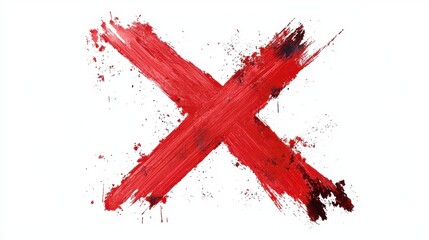 Close-up of red x symbol made with spray paint. X shape is isolated on isolated transparent background. Red color is prominent, with top half slightly darker than bottom half. Alpha mask. 