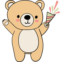 Bear birthday theme, Cute cartoon bear holding a party horn and celebrating joyfully.