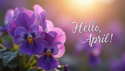 Violets with delicate petals, set against soft, blurred background. Inscription Hello, April, welcoming message for month of April. Seasonal greetings, social media posts, marketing materials