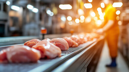 A macro shot capturing the texture of fresh raw chicken pieces on a conveyor belt, with a blurred background of an industrial meat processing facility.