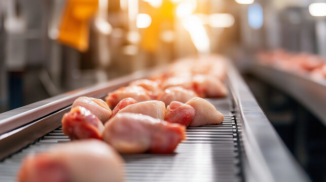 A macro shot capturing the texture of fresh raw chicken pieces on a conveyor belt, with a blurred background of an industrial meat processing facility.