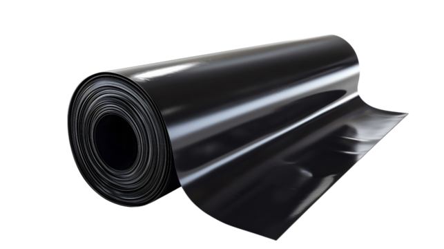 A tightly rolled sheet of black construction plastic, designed for waterproofing and insulation, with a glossy reflective surface.