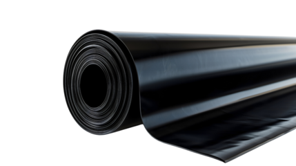 A tightly rolled sheet of black construction plastic, designed for waterproofing and insulation, with a glossy reflective surface.