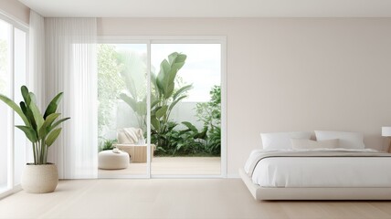 Fototapeta premium Modern serene bedroom with large windows, light interiors, and green plants creating a calming atmosphere.