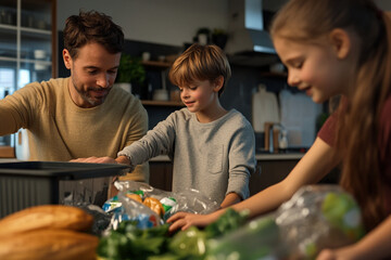 Modern Professional Happy Family Cooking Together: Parents and Children Enjoying Meal Kit Delivery Service in Kitchen, Following Recipe on Digital Tablet