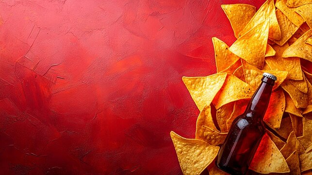 A lively still life featuring nachos and a beer bottle set against a striking background, perfect for a banner