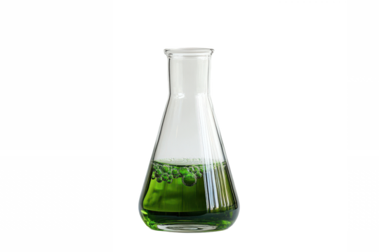 A clear glass erlenmeyer flask containing a green liquid sits against a white background in a laboratory