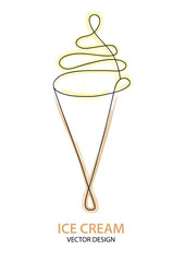 colored black continuous line illustration of sweet and tasty vanilla ice cream in cone isolated on white background with copy space for text