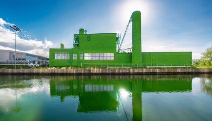 Naklejka premium green washing concept of a crafted green factory with reflections over the water