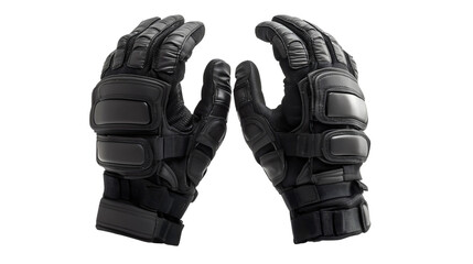A pair of black tactical gloves with reinforced knuckle padding and cut-resistant fabric, providing maximum protection and grip for law enforcement and self-defense.