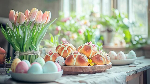 Easter brunch with hot muffins, pastel-colored eggs and fresh tulips, rustic