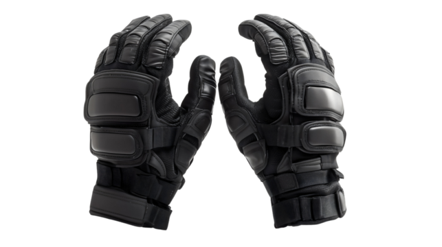 A pair of black tactical gloves with reinforced knuckle padding and cut-resistant fabric, providing maximum protection and grip for law enforcement and self-defense.