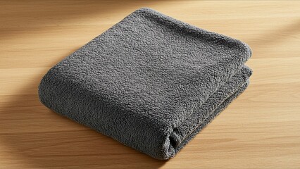 Neatly folded gray towel on wooden surface