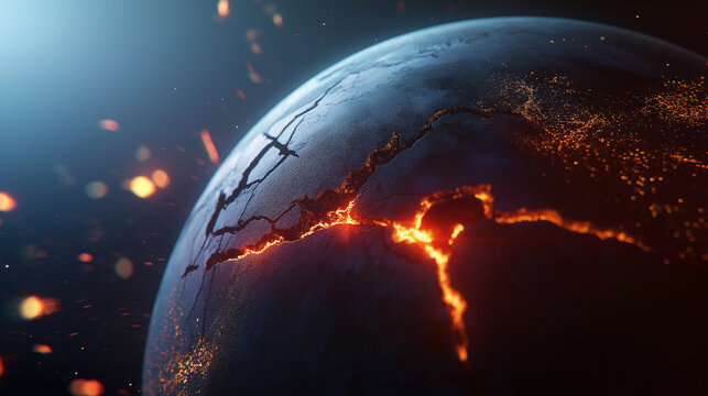 A surreal image of a globe with tectonic plates shifting, causing a deep fault line between the USA and China flags, emphasizing political instability.