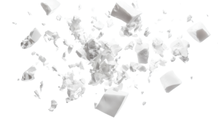 Styrofoam pieces flying isolated on white background