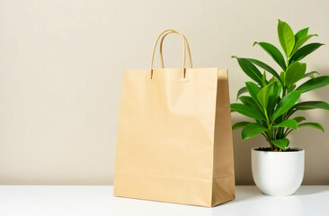 Brown paper shopping bag next to a green plant against a neutral background. Eco-friendly shopping.