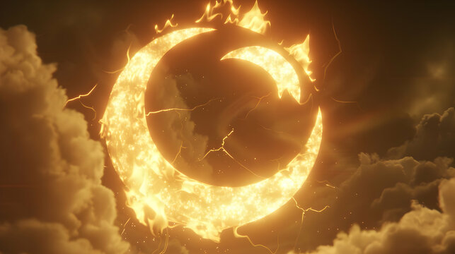 This image shows an abstract moon design that is burning brightl