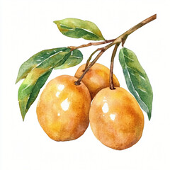 Watercolor hand-painted Sapodilla branch with green leaf on a white background, flat watercolor painting, simple design, AI painting design, AI design set	