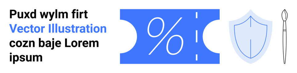 Blue discount coupon with percent symbol, shield icon, and text placeholder. Ideal for promotions, savings, finance, protection, security offers digital commerce. Abstract line flat metaphor