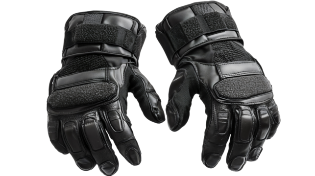 A pair of black tactical gloves with reinforced knuckle padding and cut-resistant fabric, providing maximum protection and grip for law enforcement and self-defense.