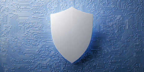A white shield icon on top of an abstract blue circuit board background