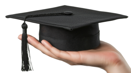 Graduation cap with tassel on hand, isolated on transparent background