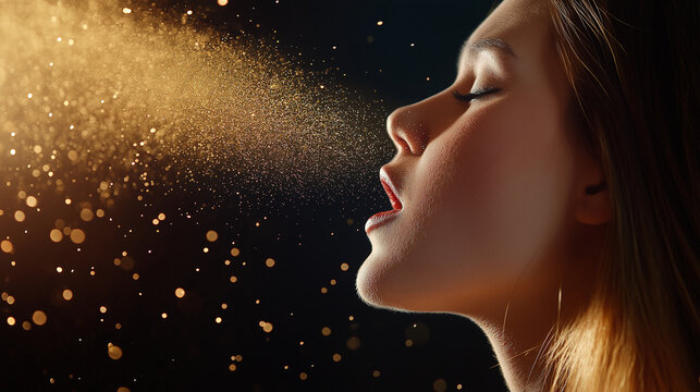 A dramatic side-profile of a woman mid-sneeze, with airborne pollen particles suspended in the air like a golden dust storm around her.