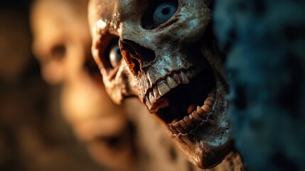 Obraz premium A close-up view of a skull with a striking gaze, revealing a unique blend of horror and beauty, prompting intriguing thoughts on mortality, identity, and the duality of life and death.