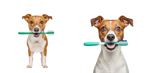 A playful dog holds a toothbrush in its mouth, showcasing a cheerful expression.