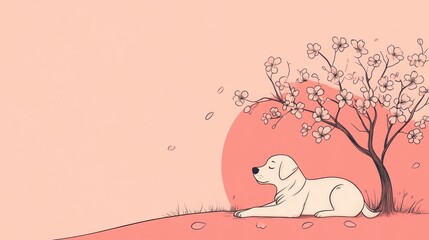 Peaceful illustration of a dog relaxing under a flowering tree in gentle pink hues, conveying a sense of calm and tranquility