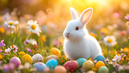 adorable easter rabbit and eggs. fluffy white bunny in meadow filled blooming spring flowers, soft golden sunlight, warm and cheerful atmosphere