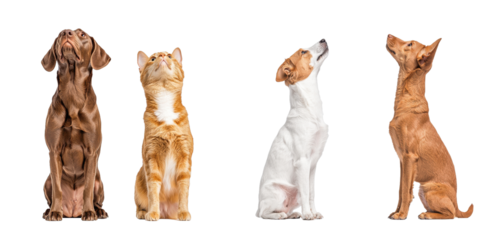 A group of four dogs sitting side by side, each with distinct fur patterns and colors, attentively looking upwards.
