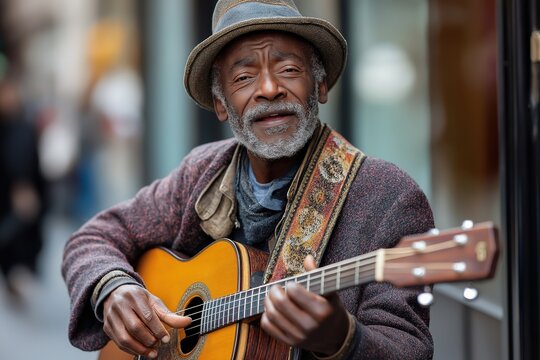 Senior street musician playing acoustic guitar in urban setting