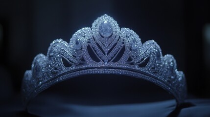 Obraz premium A majestic queens tiara with shimmering diamonds and intricate silver detailing, glowing softly in the darkness