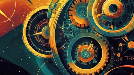 A complex abstract illustration depicting mechanical clockwork and time