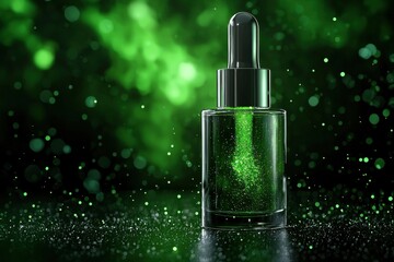 A bottle of green liquid with a green label sits on a table