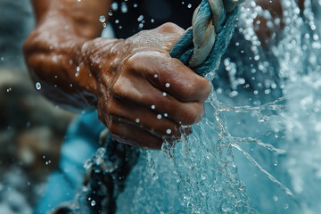 Fototapeta premium Fisherman pulling rope from water with splashing drops
