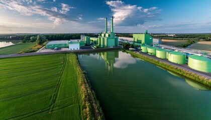 Fototapeta premium green washing concept of a crafted green factory with reflections over the water