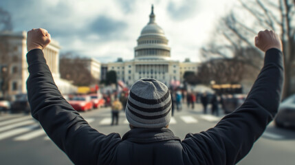 A blurred protester with raised fists in front of the Capitol, representing the ongoing struggle for change and the unpredictability of future political movements.