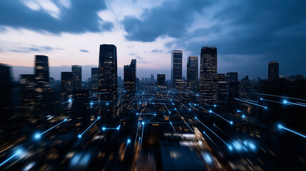 Fototapeta premium A futuristic city skyline with buildings interconnected by glowing digital lines, symbolizing the next-generation smart infrastructure and construction techniques.