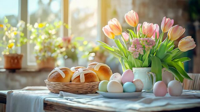 Easter brunch with hot muffins, pastel-colored eggs and fresh tulips, rustic