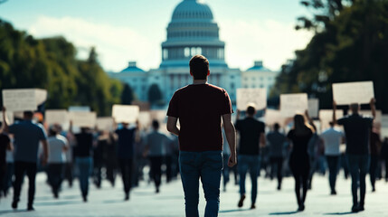 Obraz premium People holding protest signs in front of the Capitol, their faces blurred, symbolizing the struggle for change and the rapidly shifting political landscape.
