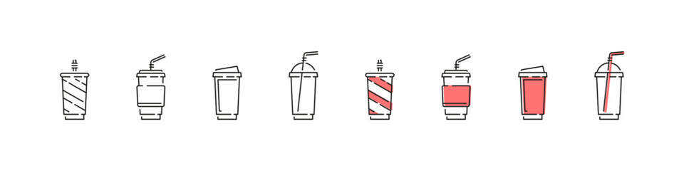 Beverage Paper and Plastic Cups with Straw Vector Icon Set