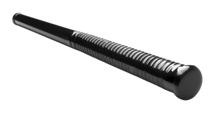 A traditional black police baton made of hard polymer, featuring a ribbed handle for a secure grip, used by law enforcement officers.