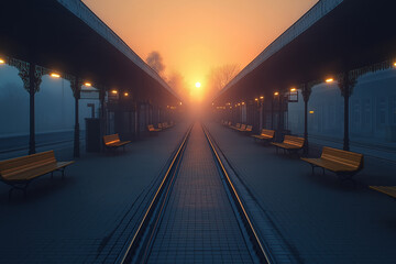 Sunrise illuminating empty train station platform with benches and fog
