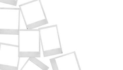 Vacation background: blank polaroid photos randomly laid out on a surface on the left against an isolated transparent background with copy space. With transparent shadow. PNG