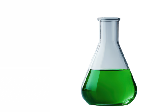 A single erlenmeyer flask filled with green liquid against a plain white background in a studio shot