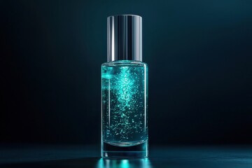 A bottle of liquid with a blue top and a clear glass body